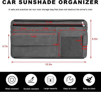 Car Sun Visor Organizer, Soft Leather Vehicle Sunshade Glasses Storage Bag with Net Zipper, Automotive Multi-Pocket Organizer for Drive License Card Glasses Document (Black)