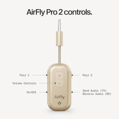 AirFly Pro 2 Deluxe – Bluetooth Adapter for Airplane, Pair 2 AirPods or Wireless Headphones – 3.5mm AUX Bluetooth Transmitter/Receiver for Cars, Boats, Treadmills, TVs – Airplane Travel Essentials