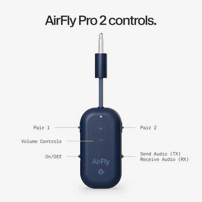 AirFly Pro 2 Deluxe – Bluetooth Adapter for Airplane, Pair 2 AirPods or Wireless Headphones – 3.5mm AUX Bluetooth Transmitter/Receiver for Cars, Boats, Treadmills, TVs – Airplane Travel Essentials