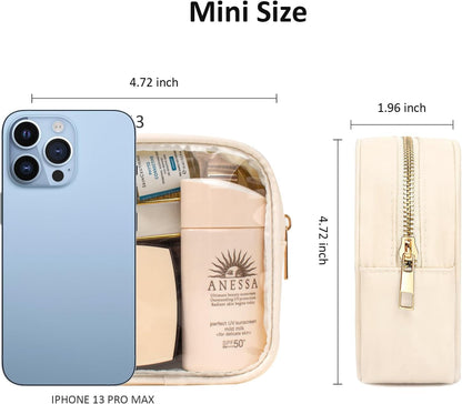 Small Clear Makeup Bag for Purse Small Cosmetic Bag Travel Size Toiletry Bags Cute Travel Makeup Bag,Coin Purse,Car Asscessories Organizer Storage Travel Essentials for Women Girls(Clear-Beige)