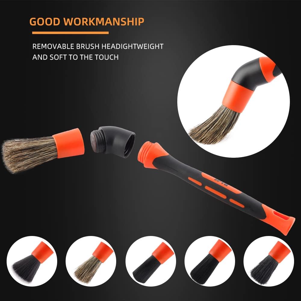 SPTA Car Detailing Brush Set, 5 Pack Soft Boar Hair Auto Detail Brush Kit with Elbow for Automotive Elegant Surface Interior Exterior Dashboard Emblems Panels Engine Bay Wheels Air Vent Seat Leather