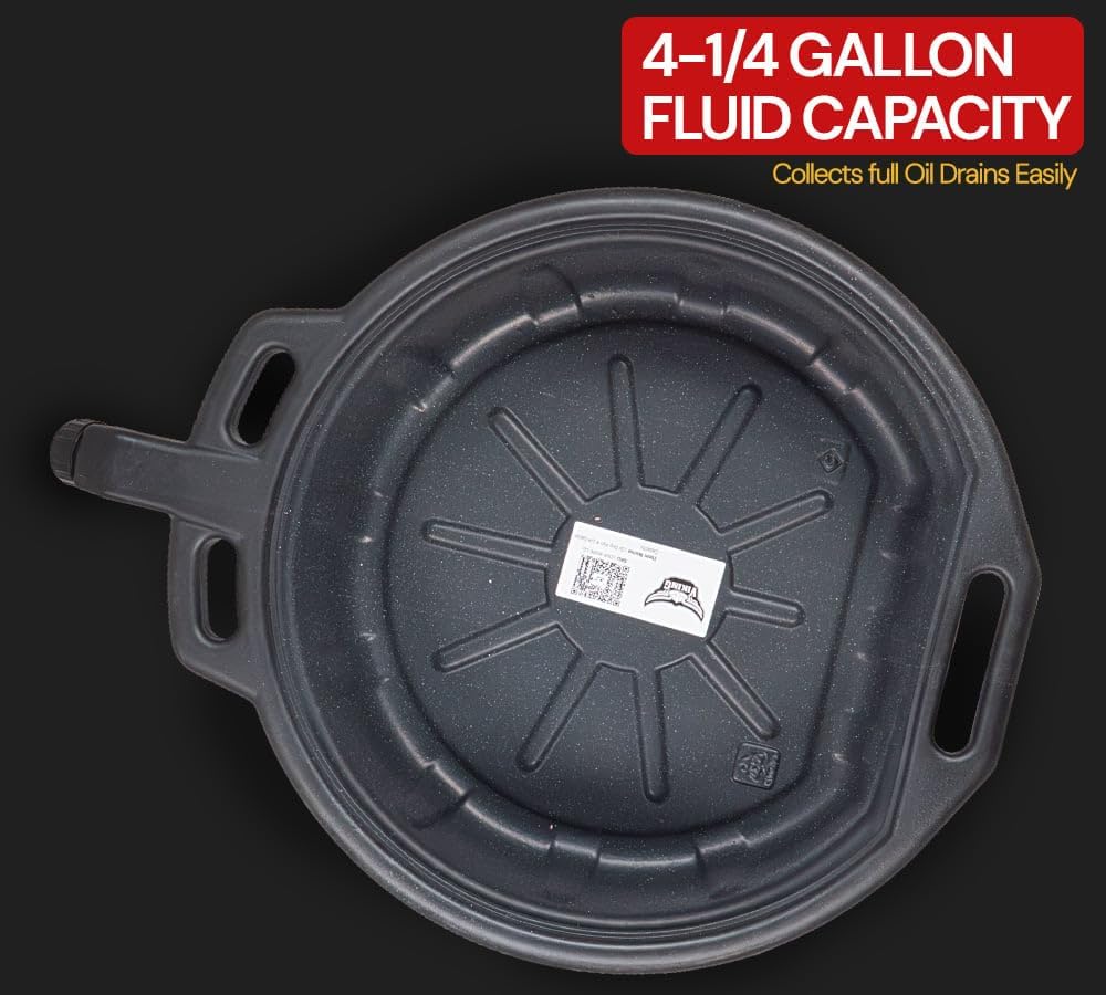 Mytee Products Automotive Oil Drain Pan - Black Plastic Anti Splash, Motor Large Oil Drip Catcher Pan for Changing Oil, Spill-Proof Design - 4.25-Gallon