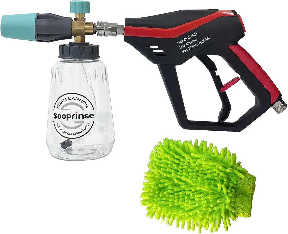 Sooprinse Short Pressure Washer Gun With Foam Cannon, High Pressure Snow Foam Lance, 1/4 Inch Quick Connector, Power Washer Blaster, Car Wash Mitt, 3000 PSI, 1 Liter