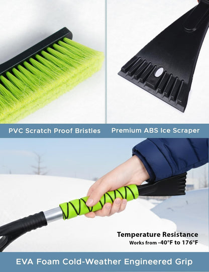 Autovir 27" Snow Brush and Ice Scrapers for Car Windshield (1 Pack), Window Ice and Snow Scraper with Ergonomic Foam Grip, Snow Windshield Scraper with Aluminum Body, Winter Car Accessories (Green)