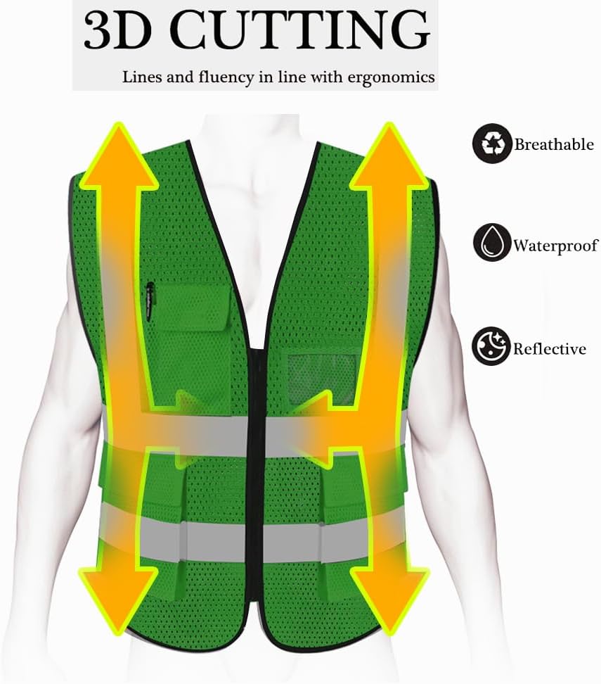 HYCOPROT High Visibility Mesh Safety Reflective Vest with Pockets and Zipper, Meets ANSI/ISEA Standards