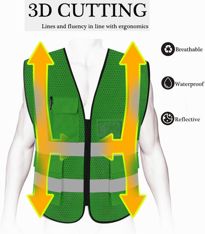 HYCOPROT High Visibility Mesh Safety Reflective Vest with Pockets and Zipper, Meets ANSI/ISEA Standards
