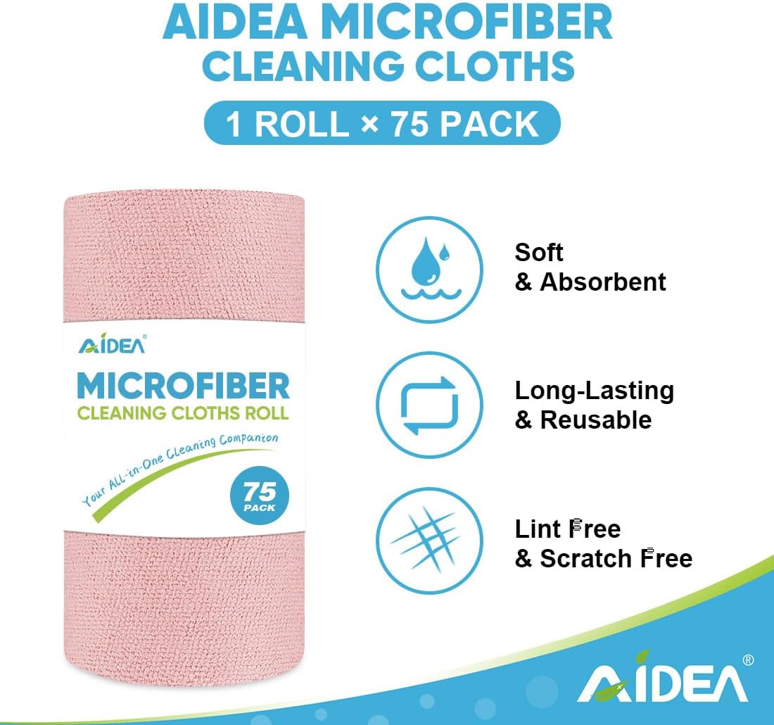 AIDEA Microfiber Cleaning Cloth Roll, Grey 75PK, Reusable Paper Towels Tear Away Cloth, Microfiber Towels for Cars, Wash Cloths, Lint Free Rags for House, Kitchen,Window,Cleaning Supplies 11.5"×11.5"