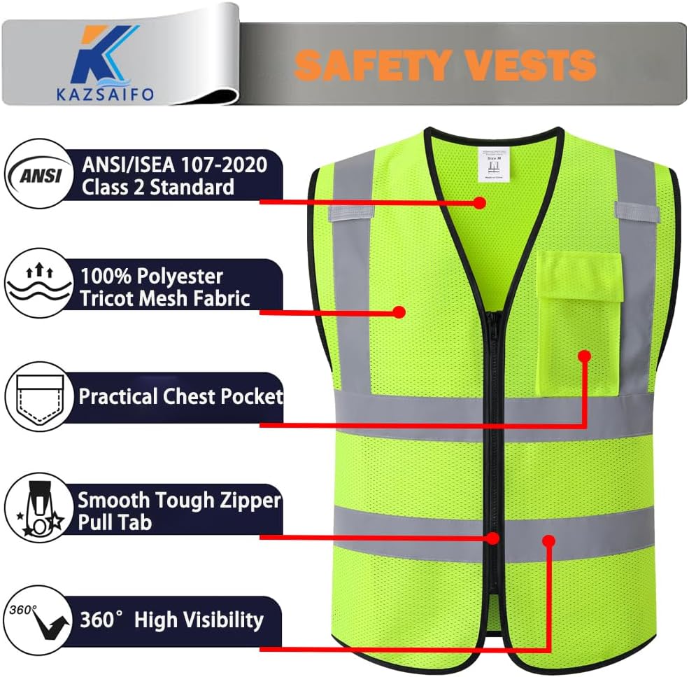 Hi Vis Reflective Safety Vest for Men Women with Chest Pocket Mesh High Visibility Class 2 Construction Vest,Meets ANSI/ISEA Standard(KZ179-Yellow-L)
