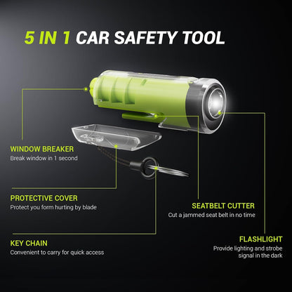 SodaRide Window Breaker Seatbelt Cutter with Flashlight,3 in 1 Car Escape Tool Key Chain,Safe Hammer Glass Breaker Under Water,2 Pack, Black Green