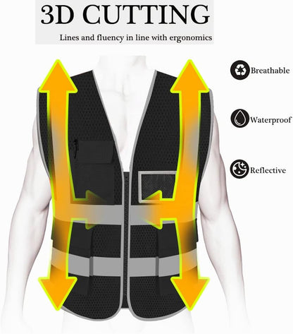 HYCOPROT High Visibility Mesh Safety Reflective Vest with Pockets and Zipper, Meets ANSI/ISEA Standards