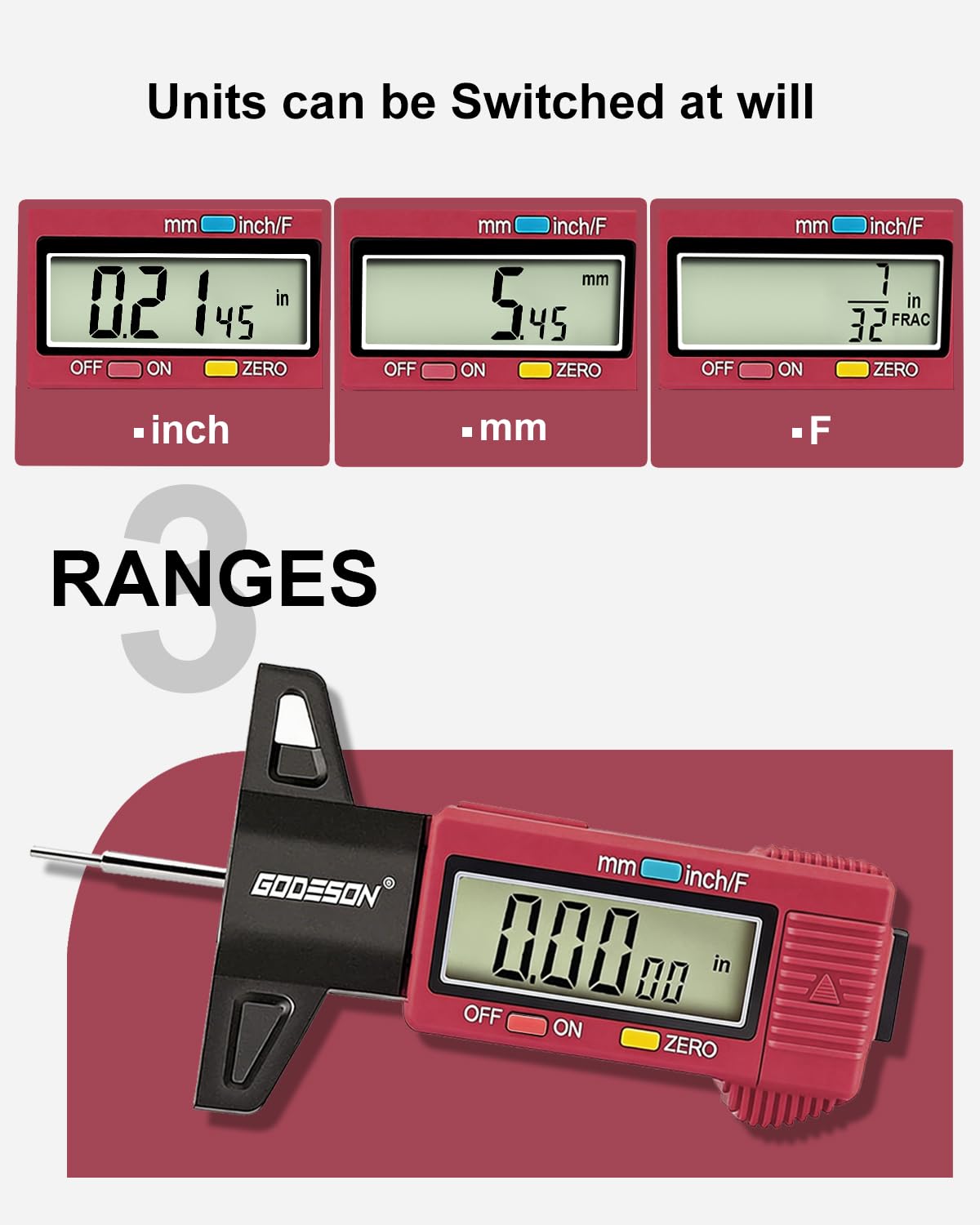 GODESON Tire Tread Depth Gauge, Digital Tire Tread Depth Gauge with 3 Modes-Fractional Inch, Decimal Inch and Millimeter, Tire Depth Gauge for Motorcycles, Cars, SUV, Easy to Read Tread Depth Gauge