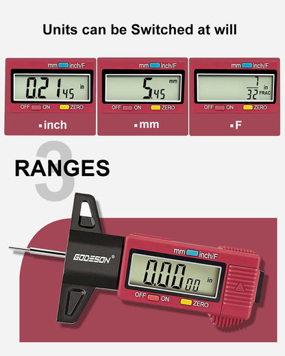 GODESON Tire Tread Depth Gauge, Digital Tire Tread Depth Gauge with 3 Modes-Fractional Inch, Decimal Inch and Millimeter, Tire Depth Gauge for Motorcycles, Cars, SUV, Easy to Read Tread Depth Gauge