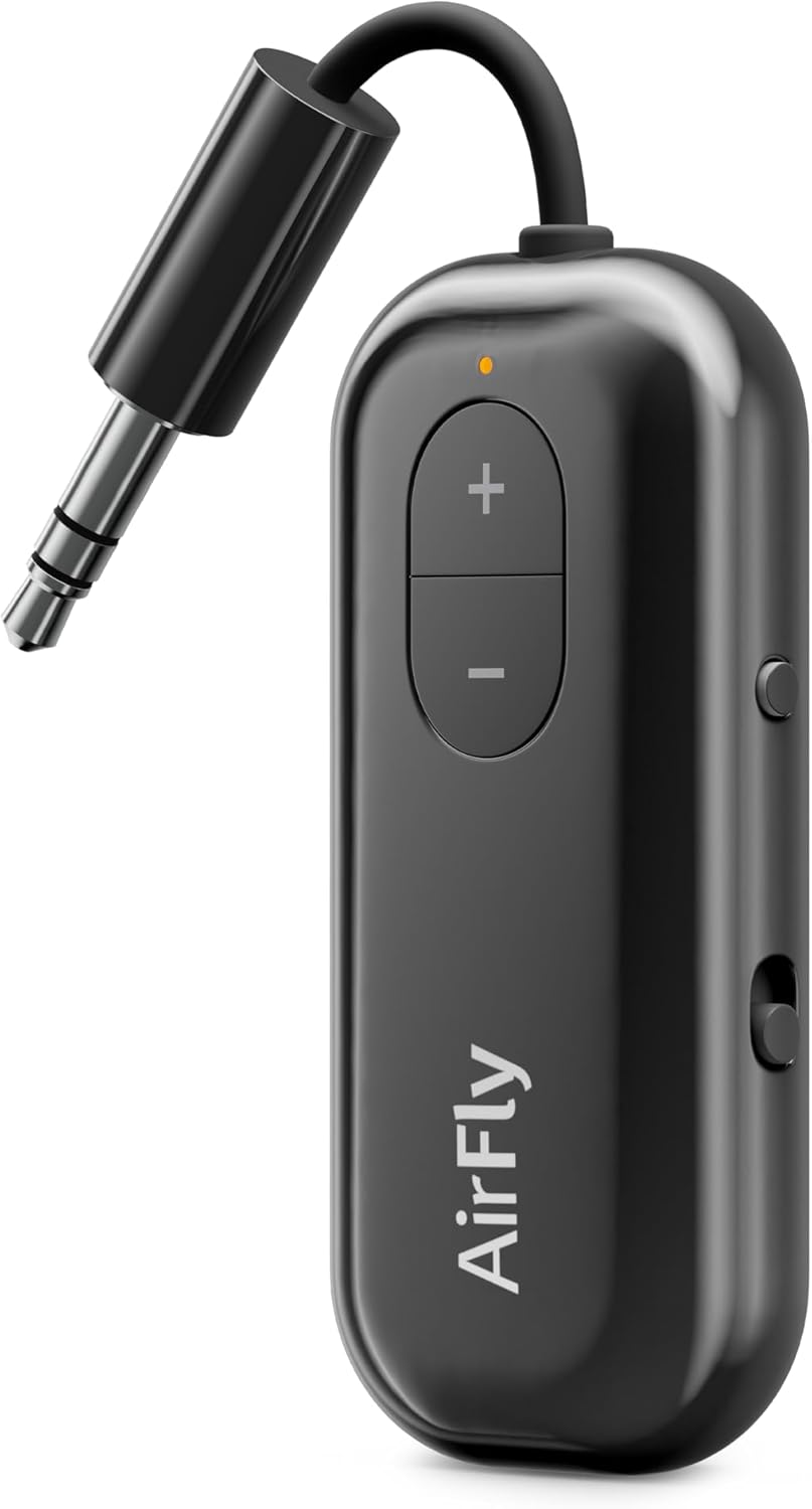 AirFly Pro 2 Deluxe – Bluetooth Adapter for Airplane, Pair 2 AirPods or Wireless Headphones – 3.5mm AUX Bluetooth Transmitter/Receiver for Cars, Boats, Treadmills, TVs – Airplane Travel Essentials