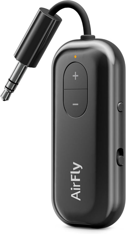 AirFly Pro 2 Deluxe – Bluetooth Adapter for Airplane, Pair 2 AirPods or Wireless Headphones – 3.5mm AUX Bluetooth Transmitter/Receiver for Cars, Boats, Treadmills, TVs – Airplane Travel Essentials