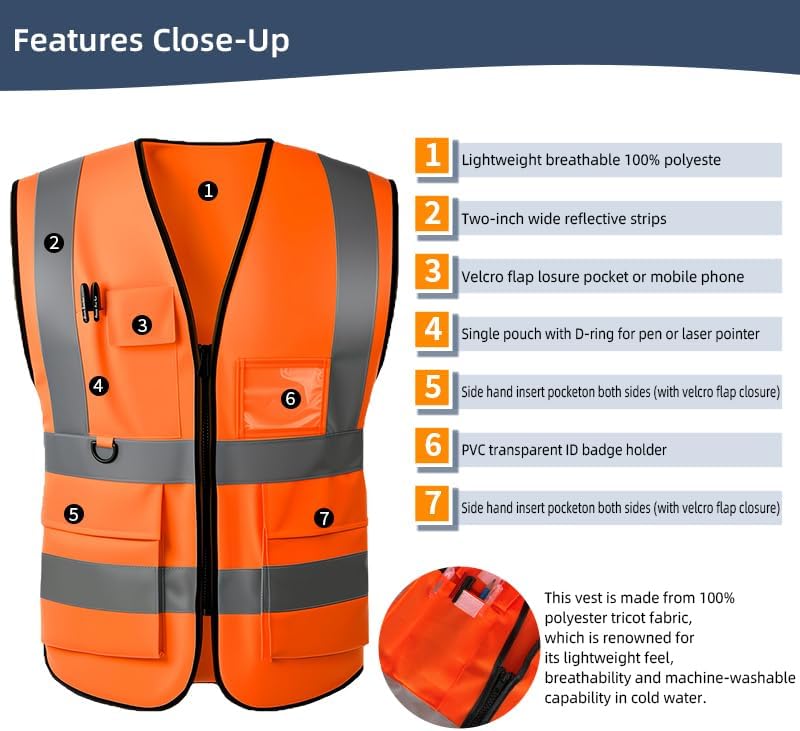 Reflective Safety Vest for Women Men High Visibility Security With Pocket Zipper Front Meet ANSI/ISEA Standard