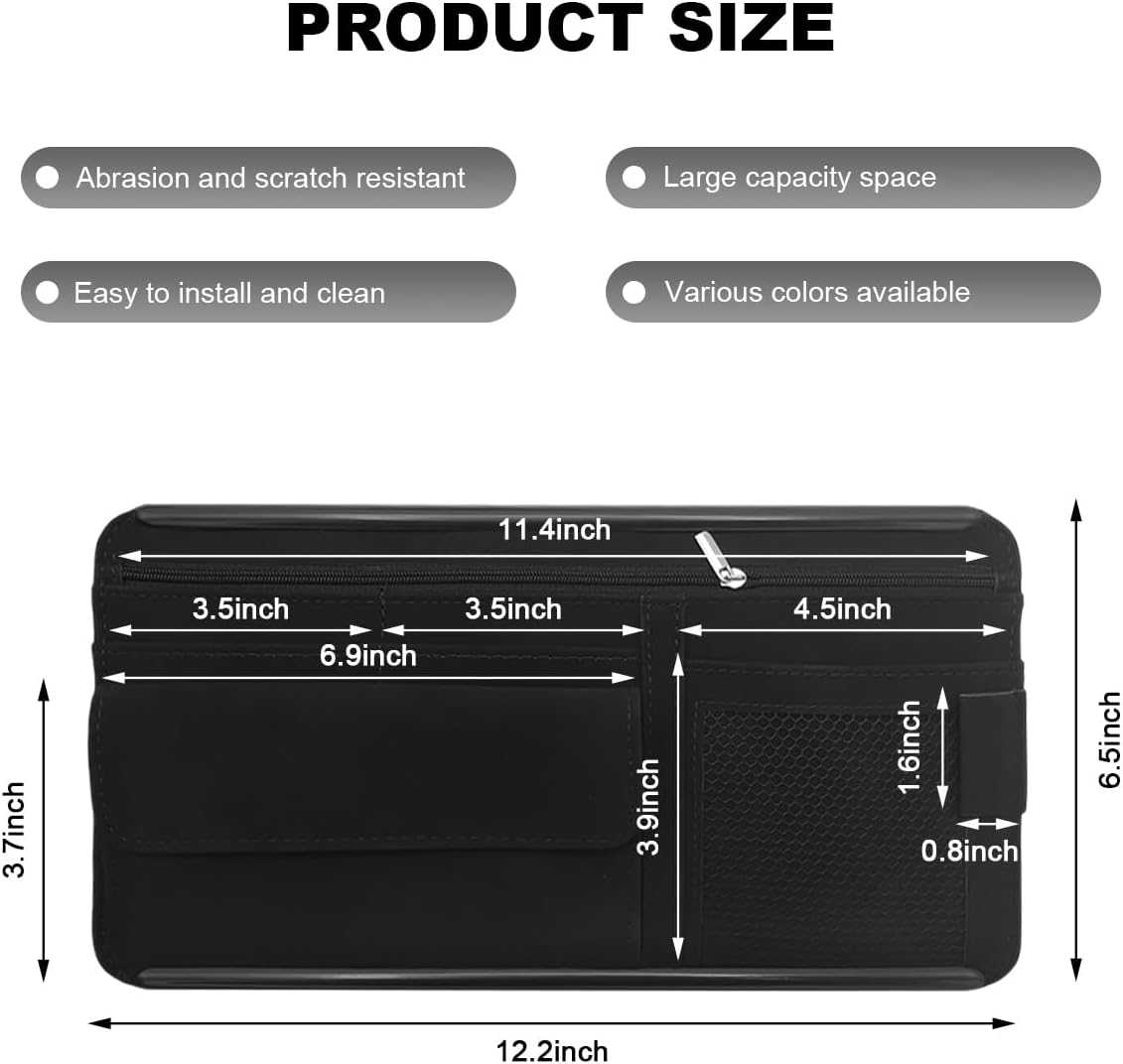 Car Sun Visor Organizer, Leather Sun Visor Pocket Organizer Case with Multi-Pocket Net Zipper, Suede Note Holder Car Visor Storage Pouch for Card Pen Sunglasses Document (Gray)