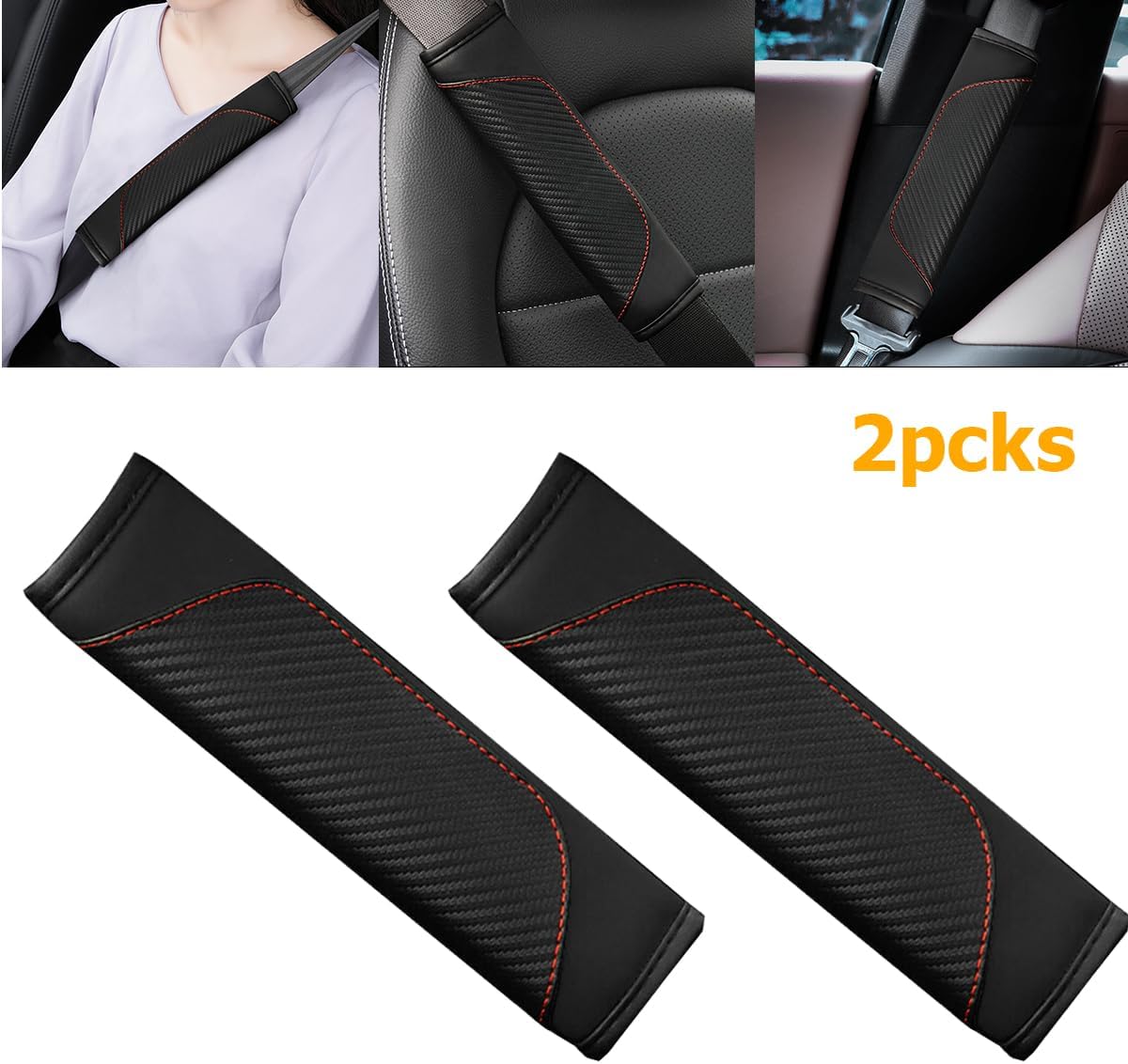 Osilly 2PCS Car Seat Belt Cover, Carbon Fiber Seatbelt Shoulder Protection, Soft Car Seat Belt Strap Cushion Protect Your Neck and Shoulder, Car Accessories Seat Belt Pad for Car Truck (Red)