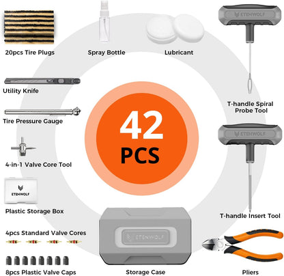 ETENWOLF Tire Repair Kit 42 Pcs, Heavy Duty Tire Plug Kit to Fix Punctures, Tire Repair Tool with Plugs for Car, Motorcycle, ATV, Jeep, Truck, Tractor, Gifts for Him Her Men Women, Vivid Orange