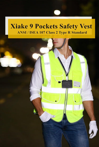 XIAKE 9 Pockets Class 2 High Visibility Reflective Safety Vest for Men Women,Meets ANSI/ISEA Standard