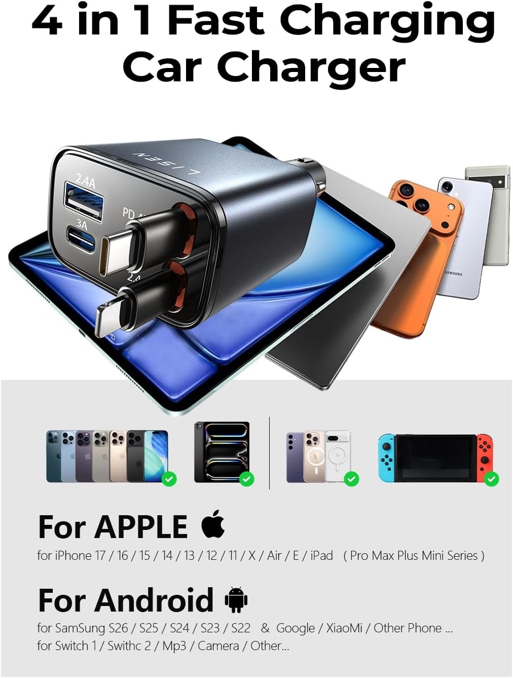 LISEN Retractable Car Charger, 84W Car Charger USB C Fast Charger, Cigarette Lighter USB Charger Adapter, Car Accessories Birthday Gifts for Men Women Dad Mom Husband, for iPhone 17 16 15 14 13 12 11