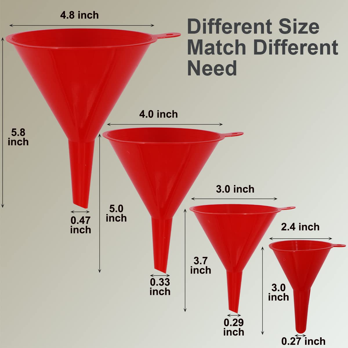 KongNai 4 Pieces Plastic Funnel Set for Kitchen and Automotive Use, Mini, Small, Medium and Large Funnel for Filling Bottles, Canning, Cooking, Lab or Car Oil Funnels (Red)