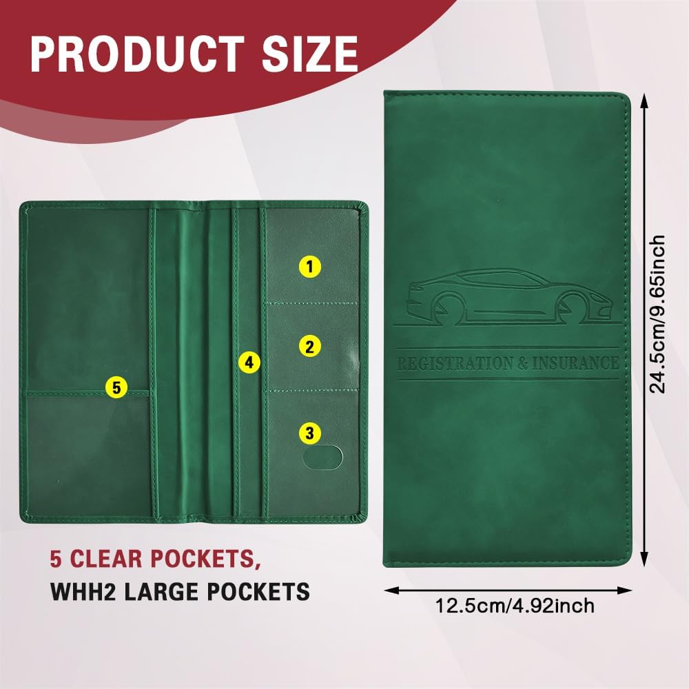 Car Registration and Insurance Holder, Registration and Insurance Card Holder, Auto Glove Box Organizer with Magnetic Shut, PU Leather Automobile Documents Wallet for Cards (Dark Green)