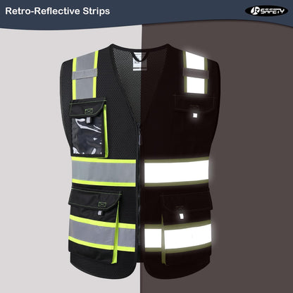 JKSafety Hi Vis Reflective Safety Vests for Men Women High Visibility Vest with Pockets Mesh Fabric Construction Safety Apparel Neon Vest for Work (220-Black L)