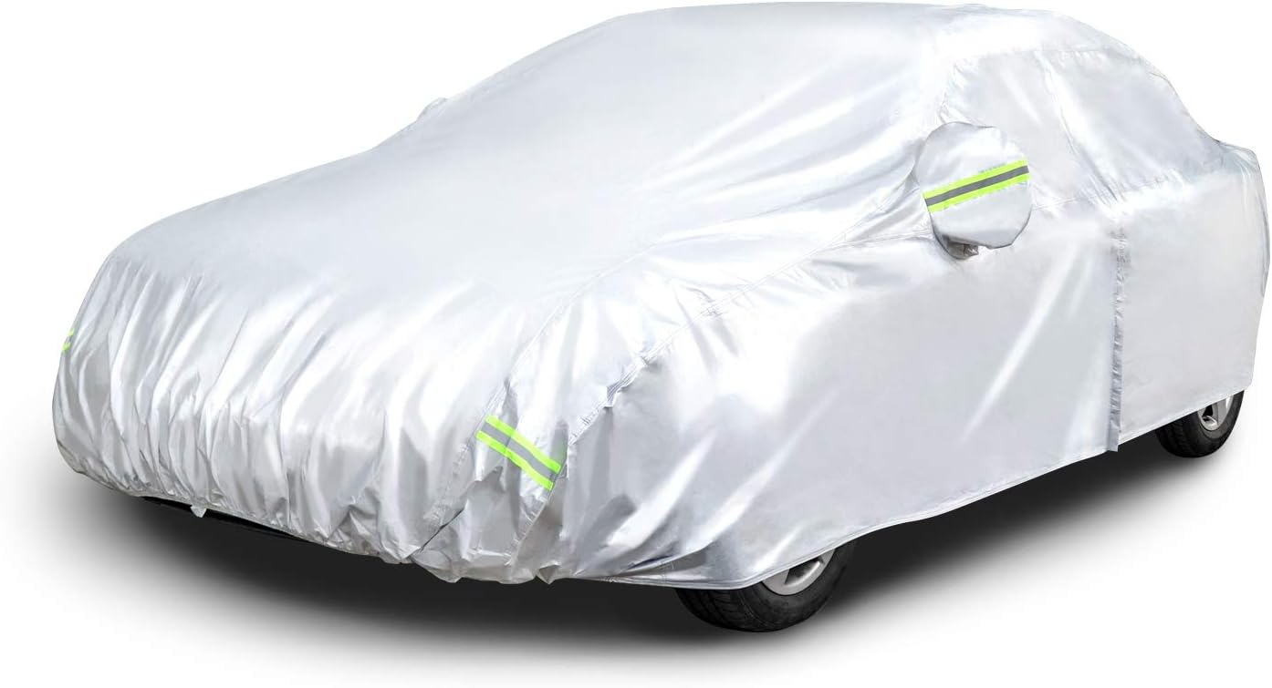 Amazon Basics Silver Weatherproof Car Cover, 150D Oxford, UV Protection, Snow Protection, Dustproof for Sedans up to 200", with Door Zipper
