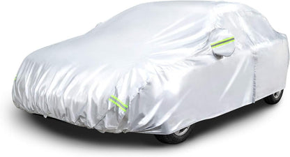 Amazon Basics Silver Weatherproof Car Cover, 150D Oxford, UV Protection, Snow Protection, Dustproof for Sedans up to 200", with Door Zipper