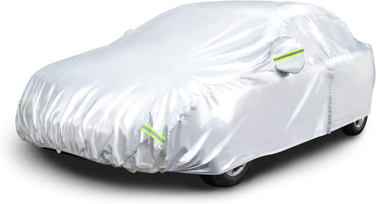 Amazon Basics Silver Weatherproof Car Cover, 150D Oxford, UV Protection, Snow Protection, Dustproof for Sedans up to 200", with Door Zipper