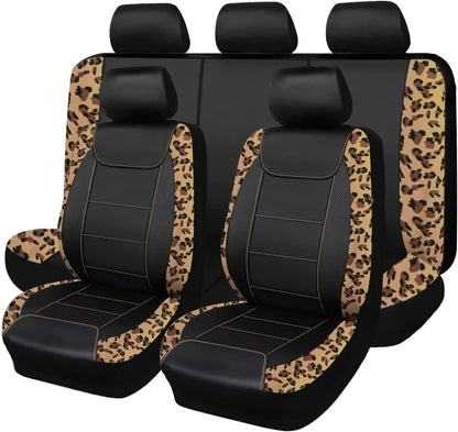 Flying Banner Carbon Fiber Leather Vehicle Seat Covers, Leopard Gray Black, Universal Fit - 8PCS