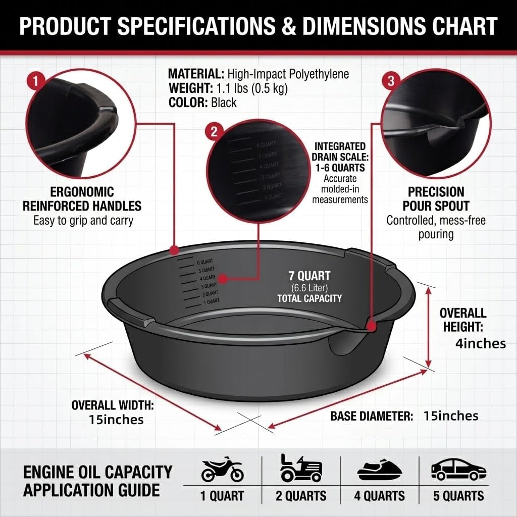 Oil Drain Pan, 7-Quart Oil Change Pan with Built-in Scale and Spout, Portable Waste Oil Catch Basin for Garage and Car Engine Maintenance, Black