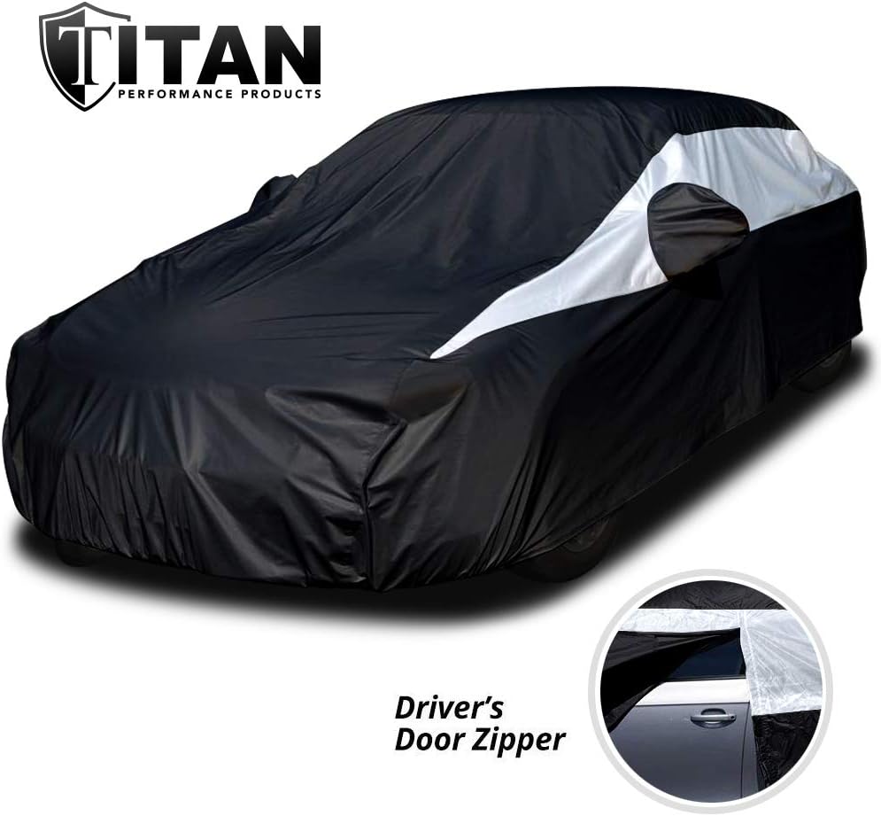 Titan Jet Black Poly 210T Car Cover for Sedans 186-202". Waterproof, UV Protection, Scratch Resistant, Driver-Side Zippered Opening. Fits Camry, Accord and More.