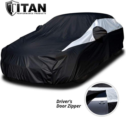 Titan Jet Black Poly 210T Car Cover for Sedans 186-202". Waterproof, UV Protection, Scratch Resistant, Driver-Side Zippered Opening. Fits Camry, Accord and More.