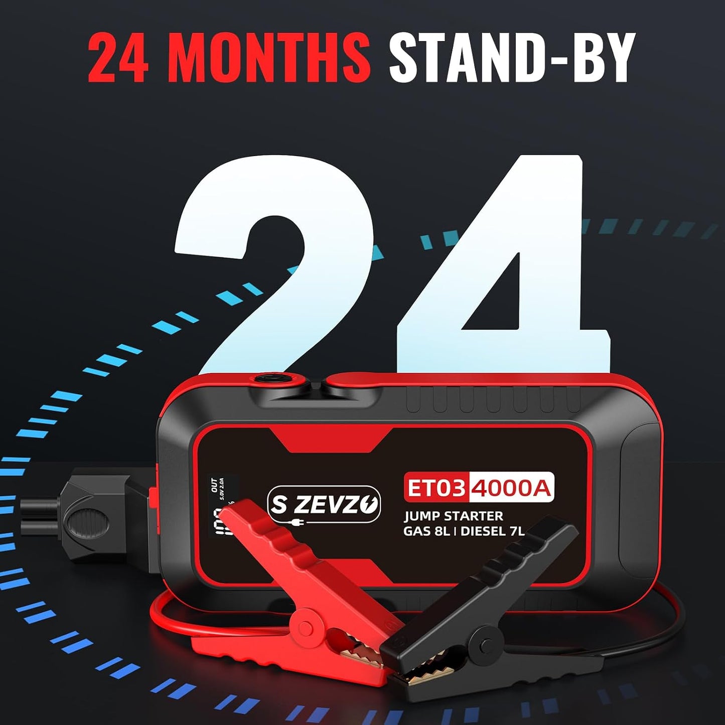S ZEVZO ET03 4000A Car Jump Starter Jump Starter Battery Pack for Up to 8.0L Gas and 7.0L Diesel Engines, 74Wh Portable 12V Jump Box with USB Ports, LCD Display, Storage Case, and LED Light