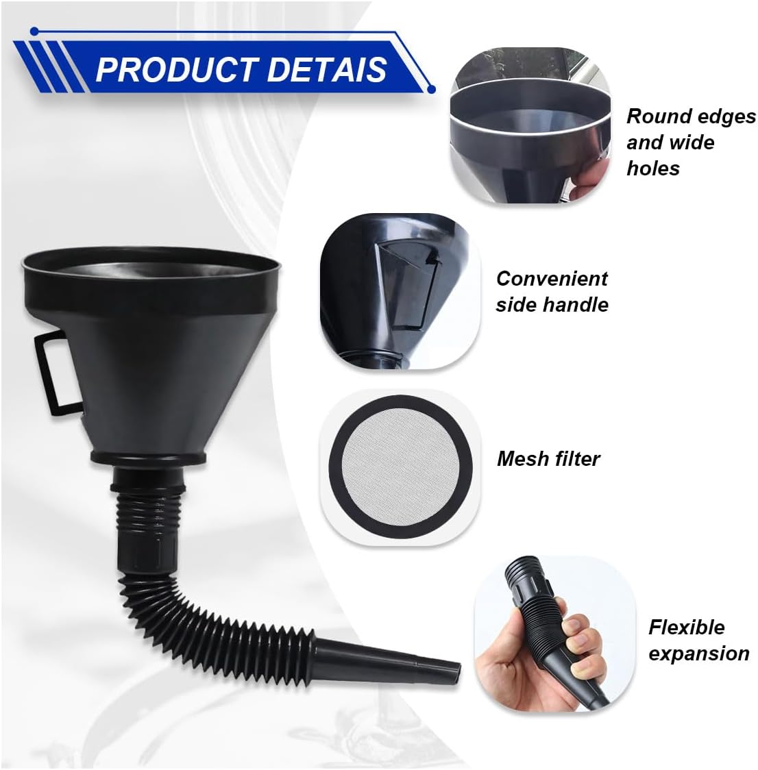 ZIMISI Wide Mouth Oil Funnel with Handle, Flexible Funnel with Hose Extension, Mesh Screen Filter, Oil Change Funnels for Automotive Use, Fits Liquid, Diesel, Kerosene, Gasoline (1PCS)