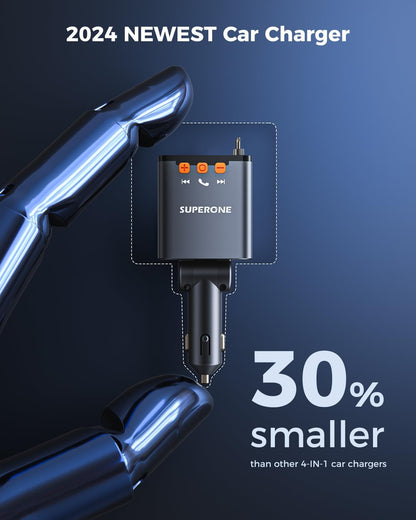 SUPERONE 69W Retractable Car Charger with Dual Cables, Compact Bluetooth 5.3 Car Adapter, FM Transmitter Radio Receiver for Hands-Free Calls & MP3 Music, USB C Fast Charging for iPhone Android