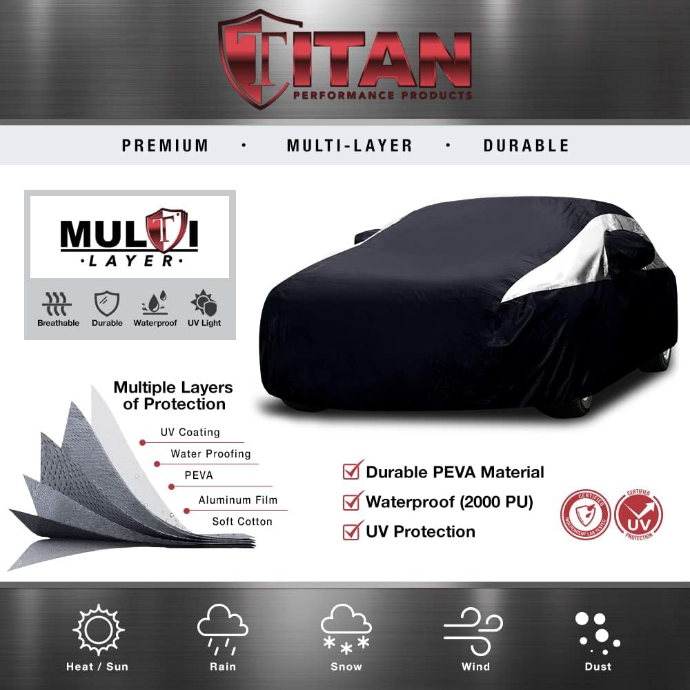 Titan Premium Multi-Layer PEVA Car Cover for Compact SUV 170-187". Waterproof, UV Protection, Anti-Scratch Protective Lining, Driver-Side Zippered Opening. Fits Rav4, Rogue, CR-V and More.