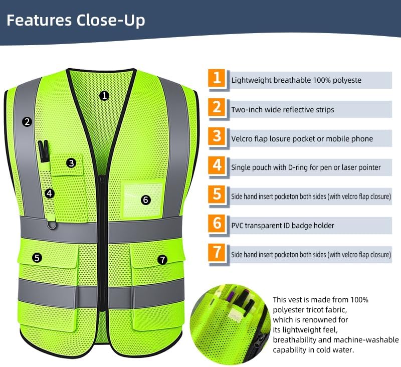 Reflective Safety Vest for Women Men High Visibility Security With Pocket Zipper Front Meet ANSI/ISEA Standard