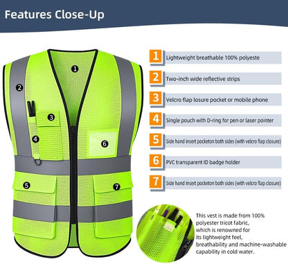 Reflective Safety Vest for Women Men High Visibility Security With Pocket Zipper Front Meet ANSI/ISEA Standard