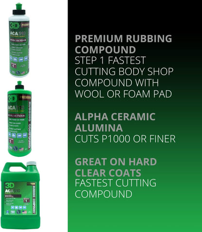 3D ACA 510 Rubbing Compound – Fast-Cutting Paint Correction Compound with Alpha Ceramic Alumina | Body Shop Safe, Low Dust, Silicone-Free, Made in USA - 32 oz