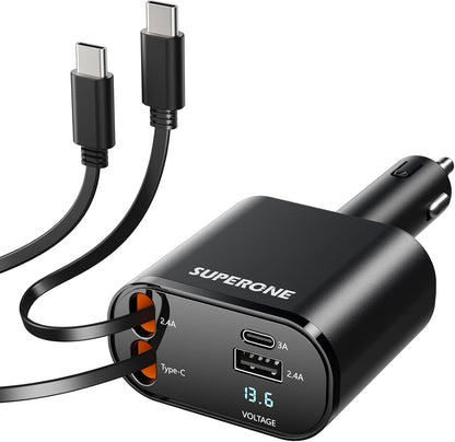 SUPERONE Retractable Car Charger for iPhone with Dual Type C Cables, 4 in 1 USB C Car Charger Adapter with 69W Fast Charging Compatible with iPhone 17 16 15 14 13 12 11 Pro/XS/XR/SE/iPad/Airpods