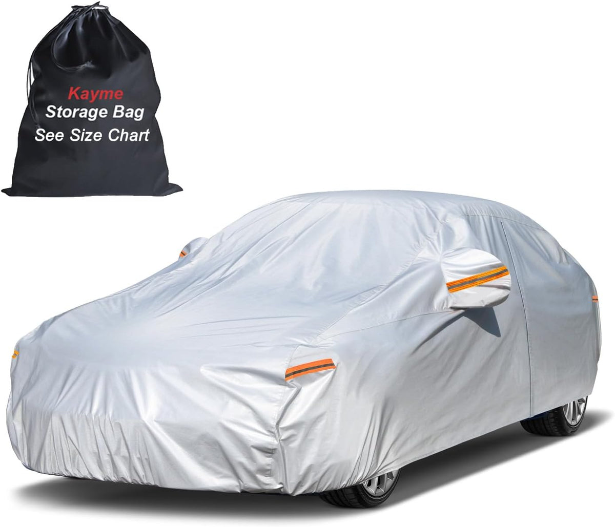 Kayme Sedan Car Cover Waterproof All Weather for Automobiles - See Vehicle Size Chart for Accurate Fit - Outdoor Full Exterior Cover Sun Rain Snow UV Protection with Zipper. Size A4 (See Size Chart)