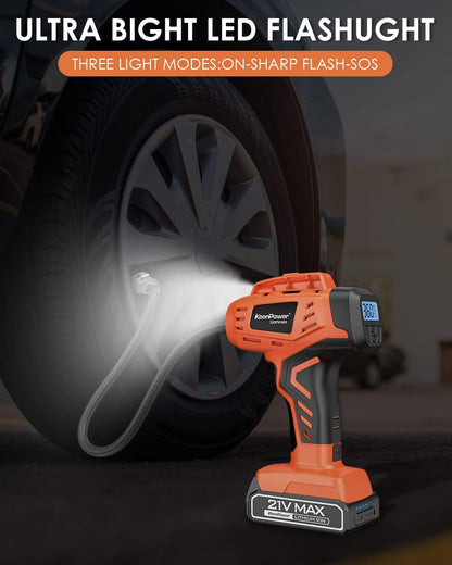 KeenPower Tire Inflator Portable Air Compressor - Super Fast - 21V Rechargeable Battery Powered Handheld 160PSI Tire Inflator, Dual Power Supply Modes, Portable Air Pump for Car Motorcycle E-Bike
