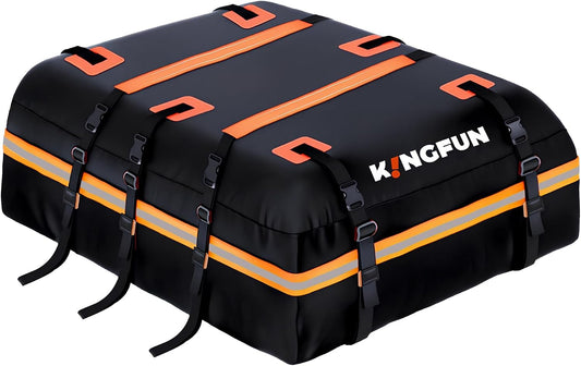 Kingfun Car Rooftop Cargo Carrier – Waterproof 20 Cubic Feet Car Roof Bag Fit All Vehicles with/Without Roof Racks, Includes Anti-Slip Mat, 8 Reinforced Straps & 6 Door Hooks, Luggage Locks（Black）