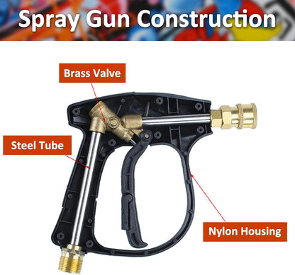 BEAR FORCE Pressure Washer Spray Gun Power Washer Short Gun with M22-ID14mm & Foam Cannon Foam Gun with 5 Nozzles Tips #035 & 3/8'' Quick Connector Swivel, Additional Orifice Nozzle 1.10mm Car Washing