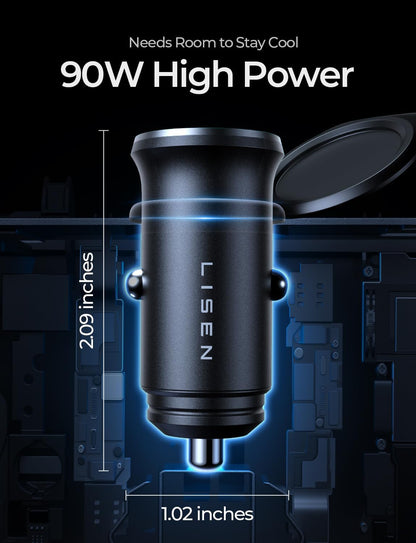 LISEN 90W USB C Car Charger USB C Fast Charge, 45W PD&QC 3.0 Fast Car Charger for iPhone 17 Pro Max 16 15 Pro, Cigarette Lighter USB Charger Adapter for Samsung S26 S25, Android [Metal&Mini] Sockets