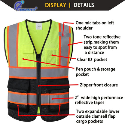 Reflective Mesh Safety Vest for Men Women with 5 Pockets and Zipper Front High Visibility Mesh Vest Hi Vis Construction Work Vest,Meets ANSI/ISEA Standards(EK175-Yellow-L)