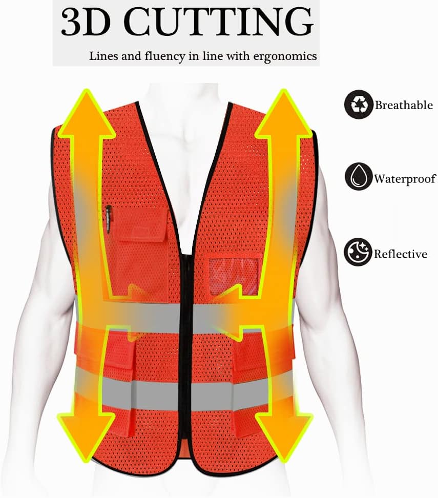 HYCOPROT High Visibility Mesh Safety Reflective Vest with Pockets and Zipper, Meets ANSI/ISEA Standards