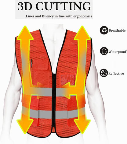 HYCOPROT High Visibility Mesh Safety Reflective Vest with Pockets and Zipper, Meets ANSI/ISEA Standards